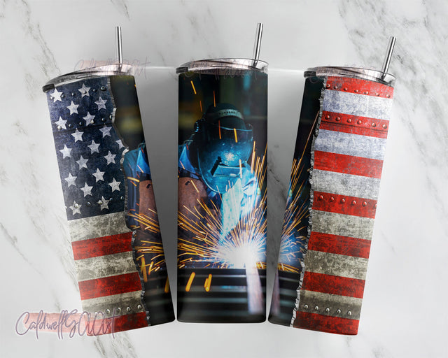 20oz Skinny Tumbler Sublimation Designs PNG, Patriotic American Welder for Straight/Tapered Tumbler PNG Sublimation CaldwellArt 