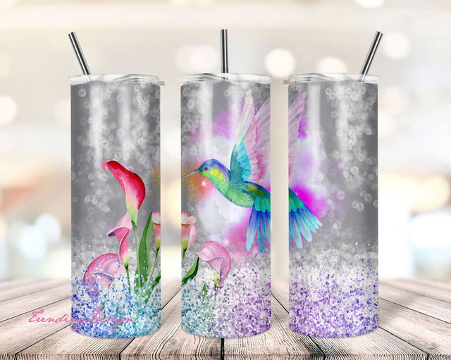 20oz Skinny Tumbler Sublimation Designs Purple Glitter Hummingbird and Flower Tumbler for Straight/Tapered Tumbler Design - PNG Sublimation TrendingDesign 