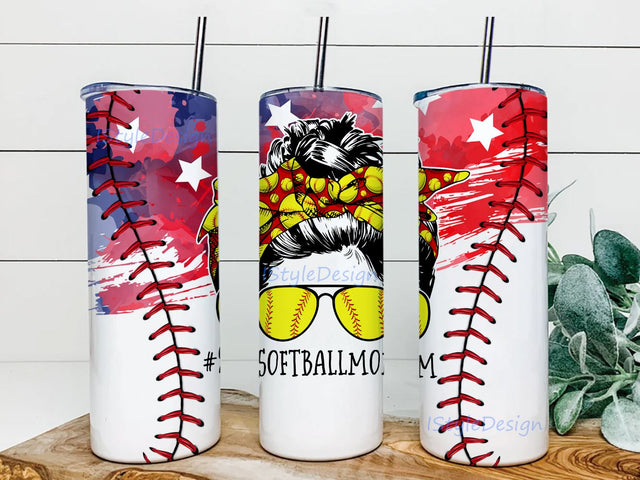 20oz Skinny Tumbler Sublimation Designs Softball Mom American Flag Tumbler for Straight Tapered Tumbler - PNG File Digital Download Sublimation BouDesign 