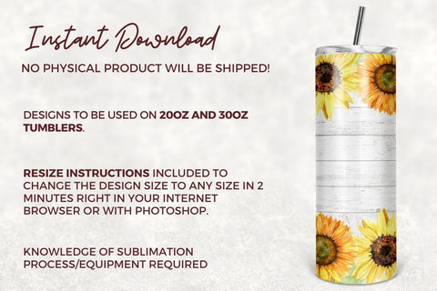 20oz Skinny Tumbler Sublimation Designs White Wood with Sunflower Tumbler PNG Designs Downloads Sublimation TumblersByPhill 
