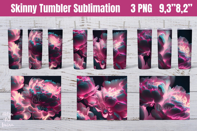 20oz Skinny Tumbler Sublimation. Neon peonies Sublimation Helga Art 