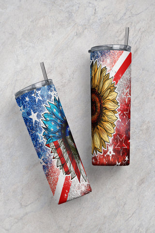 20oz Skinny Tumbler Sunflower Red White Blue Glitter Patriotic America Flag Sublimation Design Straight/Warped PNG File Instant Download Sublimation CaldwellArt 