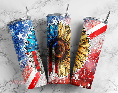20oz Skinny Tumbler Sunflower Red White Blue Glitter Patriotic America Flag Sublimation Design Straight/Warped PNG File Instant Download Sublimation CaldwellArt 