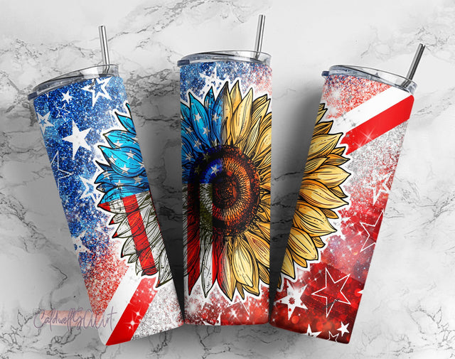 20oz Skinny Tumbler Sunflower Red White Blue Glitter Patriotic America Flag Sublimation Design Straight/Warped PNG File Instant Download Sublimation CaldwellArt 
