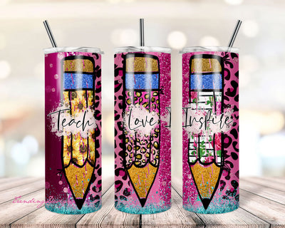 20oz Skinny Tumbler, Teach love inspire tumbler png, Teacher Pencil tumbler, Back to school tumbler Designs Sublimation PNG Sublimation TrendingDesign 