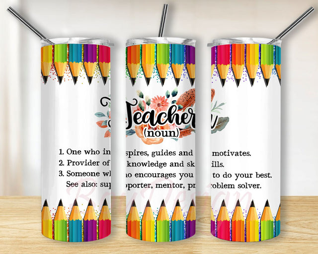 20oz Skinny Tumbler Teacher Definition Rainbow Pencils PNG Sublimation Design Templates, Crayons Teacher Tumbler Wraps Png Sublimation BouDesign 