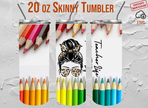 20oz Skinny Tumbler Teacher Life Leopard Png, Teacher Stuff Tumbler Pencil Monogram Teacherlife Sublimation Design Png Instant Download 300dpi SVG 1966digi 