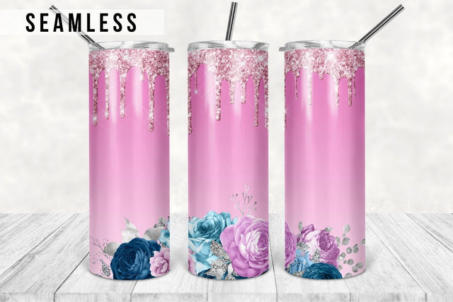 20oz Skinny Tumbler Watercolor Floral, Blue, Pink Glitter, Rose Flower Sublimation Design Templates Straight/Warped PNG Instant Download Sublimation TumblersByPhill 