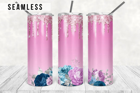 20oz Skinny Tumbler Watercolor Floral, Blue, Pink Glitter, Rose Flower Sublimation Design Templates Straight/Warped PNG Instant Download Sublimation TumblersByPhill 