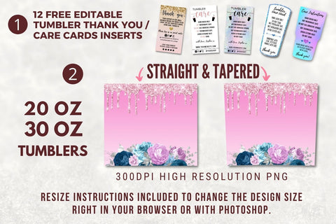 20oz Skinny Tumbler Watercolor Floral, Blue, Pink Glitter, Rose Flower Sublimation Design Templates Straight/Warped PNG Instant Download Sublimation TumblersByPhill 