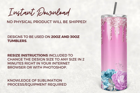 20oz Skinny Tumbler Watercolor Floral, Blue, Pink Glitter, Rose Flower Sublimation Design Templates Straight/Warped PNG Instant Download Sublimation TumblersByPhill 