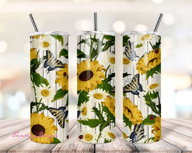 20oz Skinny Tumbler Watercolor Sunflower Butterfly Sublimation Design Templates, Floral Tumbler Straight/Warped PNG File Digital Download Sublimation TrendingDesign 