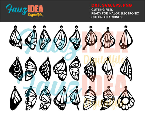 24 Butterfly Wing Wood / Acrylic / Metal Earring / Pendant Templates Vector Digital SVG DXF Jewelry Cut Files Download Laser Cutting SVG Fauz 