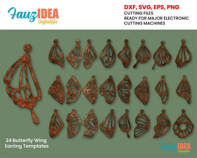 24 Butterfly Wing Wood / Acrylic / Metal Earring / Pendant Templates Vector Digital SVG DXF Jewelry Cut Files Download Laser Cutting SVG Fauz 