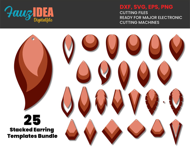 25 Earring SVG, Stacked Earring Templates, SVG Template, Leather Earring Cut Files, Teardrop earring svg cut files for Cricut Silhouette SVG Fauz 