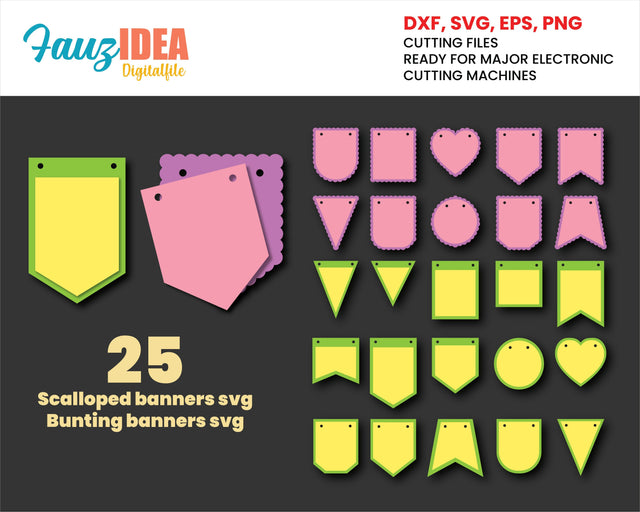 25 Scalloped banners svg, Bunting banners svg, Banners cut file, Bunting banner flag svg, Birthday banners svg, Banners svg, Banners cricut SVG Fauz 