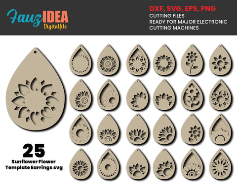 25 Sunflower Flower Earrings Bundle - SVG cut file - Instant Download - Cut File - Teardrop - Stacked Earring, Silhouette, CNC laser cut SVG Fauz 