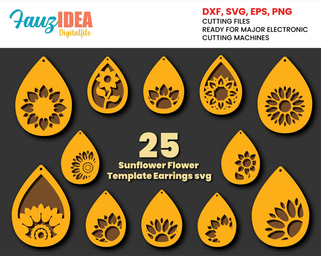 25 Sunflower Flower Earrings Bundle - SVG cut file - Instant Download - Cut File - Teardrop - Stacked Earring, Silhouette, CNC laser cut SVG Fauz 