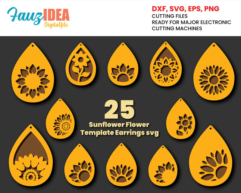 25 Sunflower Flower Earrings Bundle - SVG cut file - Instant Download - Cut File - Teardrop - Stacked Earring, Silhouette, CNC laser cut SVG Fauz 