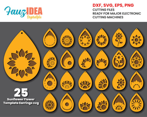 25 Sunflower Flower Earrings Bundle - SVG cut file - Instant Download - Cut File - Teardrop - Stacked Earring, Silhouette, CNC laser cut SVG Fauz 