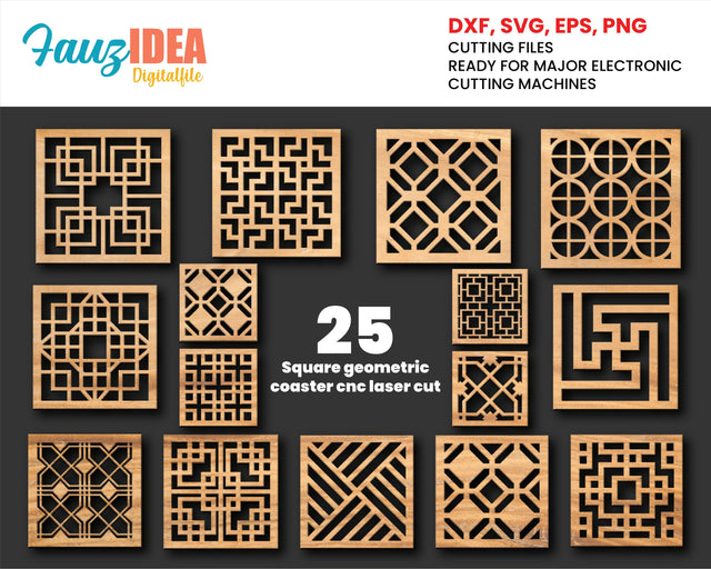25 Wood Square geometric coaster cnc laser cut Templates Vector Digital SVG DXF Files Instant Download cnc Laser Cutting Plasma Cricut Maker SVG Fauz 