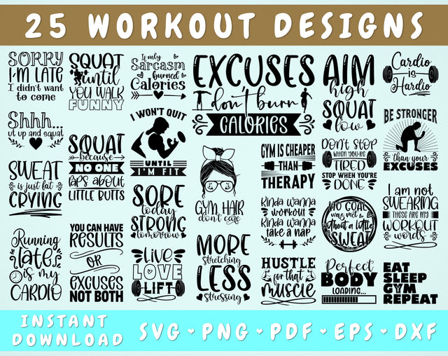 25 Workout Quotes SVG Bundle, Workout Sayings SVG, Gym Quotes SVG, Fitness Quotes SVG, Funny Workout SVG, Workout Shirt SVG SVG HappyDesignStudio 