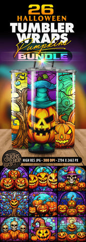 26 Halloween Pumpkins Tumbler Wraps Bundle | Stained glass Sublimation The Vintage Signs Shop 