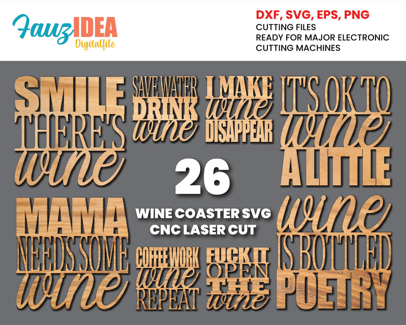 26 Wine Coasters, CNC Laser Cut Template, Coaster Svg Bundle, Drink