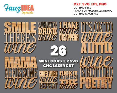 26 Wine Coasters, CNC Laser Cut Template, Coaster Svg Bundle, Drink Coaster Svg, Wine Saying Svg, Coffee Coaster Digital Cut File Coaster SVG Fauz 