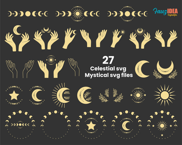 27 Celestial svg bundle, Mystical svg files, Moon phase svg, Witch hands svg, Celestial clipart, Crescent moon png, Wicca Svg, Magical Svg SVG Fauz 