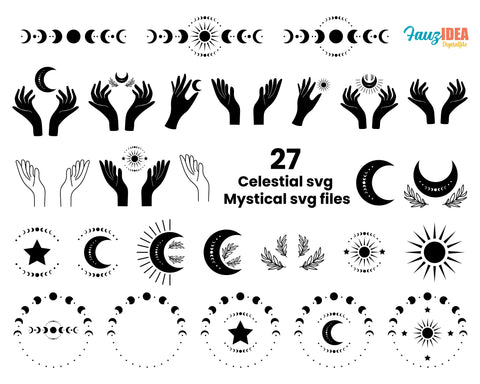 27 Celestial svg bundle, Mystical svg files, Moon phase svg, Witch hands svg, Celestial clipart, Crescent moon png, Wicca Svg, Magical Svg SVG Fauz 