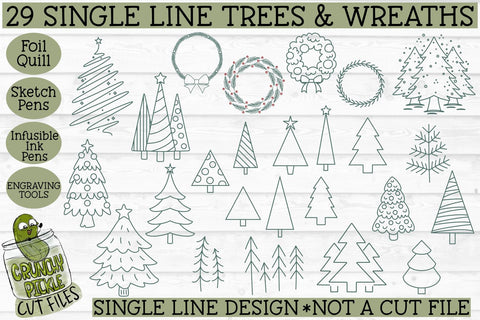 29 Foil Quill Christmas Trees & Wreaths Set / Single Line Sketch SVG Crunchy Pickle 