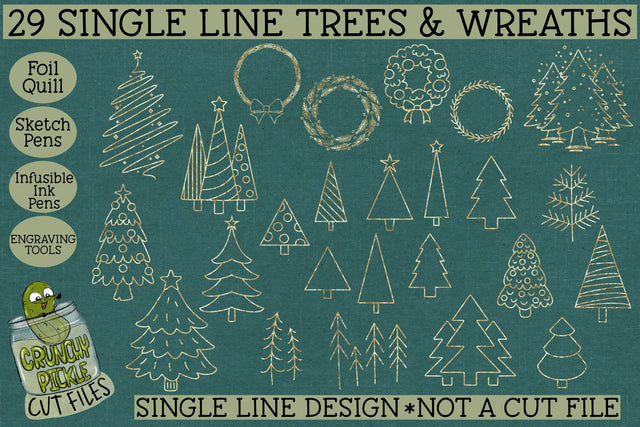 29 Foil Quill Christmas Trees & Wreaths Set / Single Line Sketch SVG Crunchy Pickle 