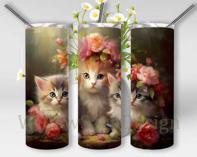 3 Baby Cats Cute With Floral 20oz Skinny Tumbler Png, Kitty Floral Tumbler, Flower Cute Baby Cats Tumbler, Baby Animals Png, Cute Cat Floral Tumbler Sublimation WillowSageDesign 