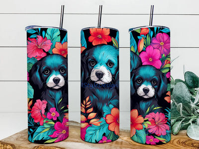3 Baby Dogs With Floral 20oz Skinny Tumbler Png, Black Puppy Tumbler, Floral Cute Puppy Dog Tumbler, Puppy Wrap, Cute Puppies Dogs Tumbler, Baby Animals Png Sublimation iStyleDesign 