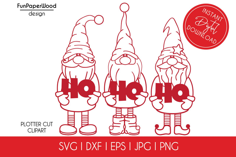 3 Christmas gnomes HO HO HO bundle SVG DXF EPS JPG PNG SVG FunPaperWood 