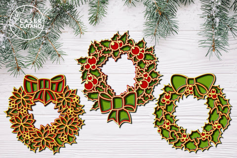 3 CHRISTMAS WREATHS Multilayer Laser Cut Files, Mandala, Round Sign SVG, 3D Designs, Mini Design Bundles SVG LaserCutano 