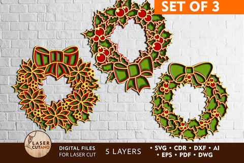 3 CHRISTMAS WREATHS Multilayer Laser Cut Files, Mandala, Round Sign SVG, 3D Designs, Mini Design Bundles SVG LaserCutano 