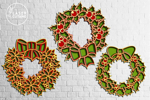 3 CHRISTMAS WREATHS Multilayer Laser Cut Files, Mandala, Round Sign SVG, 3D Designs, Mini Design Bundles SVG LaserCutano 