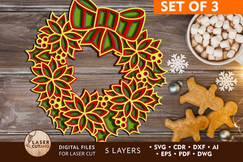 3 CHRISTMAS WREATHS Multilayer Laser Cut Files, Mandala, Round Sign SVG, 3D Designs, Mini Design Bundles SVG LaserCutano 