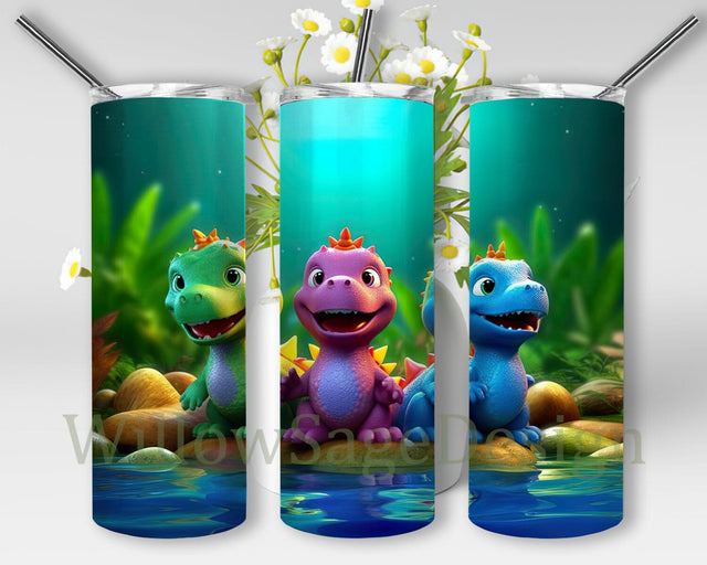3 Cute Disney Style Cartoon Rainbow Baby Dinosaurs 20oz Skinny Tumbler Png, Baby Dinosaurs Tumbler, Baby T Rex Kids Tumbler, Baby Dinosaurs Png Sublimation WillowSageDesign 