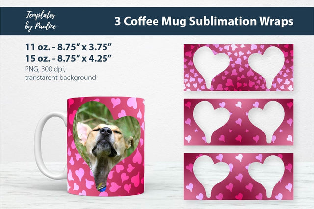 3 Red Heart Photo Mug Wraps for Sublimation Sublimation Templates by Pauline 