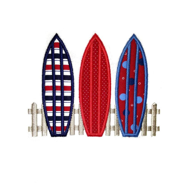 3 Surfboards on Fence Applique Embroidery Embroidery/Applique Designed by Geeks 