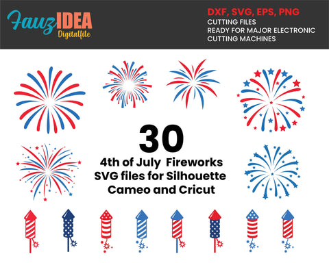 30 4th of July Fireworks SVG, Fireworks SVG, Independence Day Svg, Fireworks SVG files for Silhouette Cameo and Cricut. Fireworks Clipart SVG Fauz 