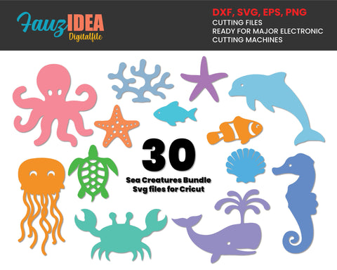 30 Sea Creatures SVG, Sea animals svg, ocean svg, sea life svg. Svg files for Cricut, octopus, jellyfish, turtle silhouette clipart png SVG Fauz 