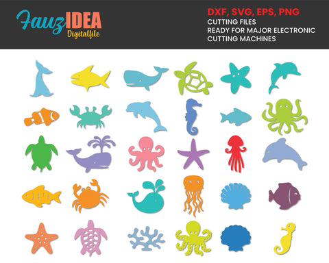 30 Sea Creatures SVG, Sea animals svg, ocean svg, sea life svg. Svg files for Cricut, octopus, jellyfish, turtle silhouette clipart png SVG Fauz 