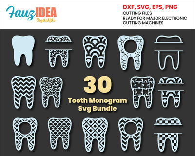 30 Tooth Monogram Svg Bundle, Dental Monogram svg, Tooth Designs, Tooth Circle and Split Monogram Frame svg, Cricut and Cameo Svg Cut Files SVG Fauz 