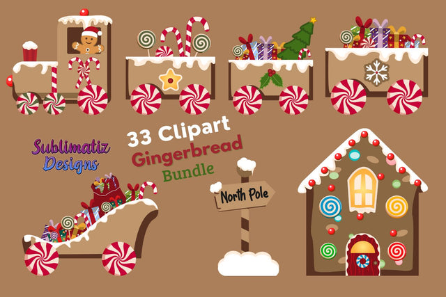 33 Clipart Gingerbread Christmas Train Bundle – Alphabet Sublimation Sublimatiz Designs 
