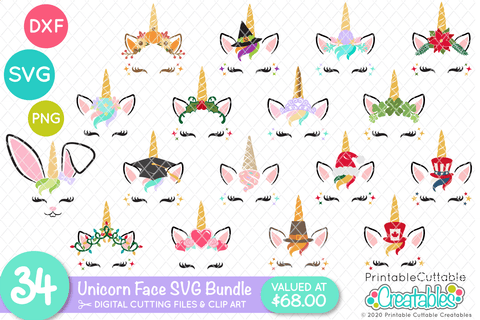 34 Unicorn Face SVG Bundle - Unicorn Eyelashes SVG SVG Printable Cuttable Creatables 