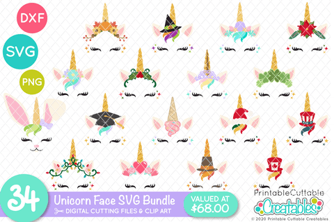34 Unicorn Face SVG Bundle - Unicorn Eyelashes SVG SVG Printable Cuttable Creatables 